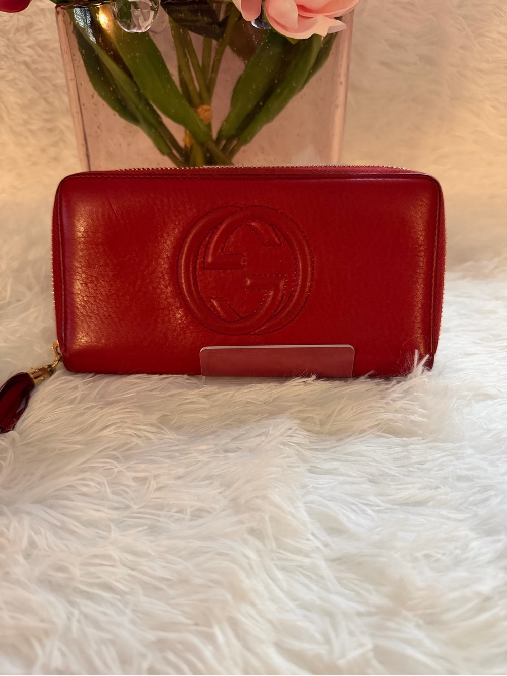 Gucci Soho Red Leather Zip Around Wallet GG Tassel Continental Wallet